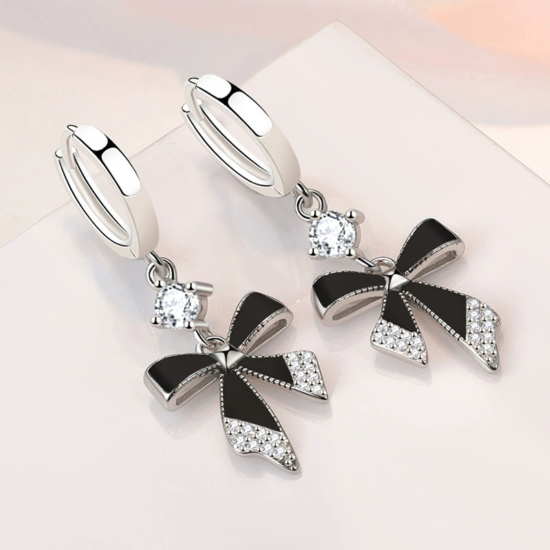 Tie Clip Silver - Zwarte Strik Oorbellen Lange Stijl Veelzijdige